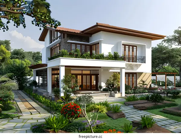 Modern Two Story White House with Balcony and Green Garden