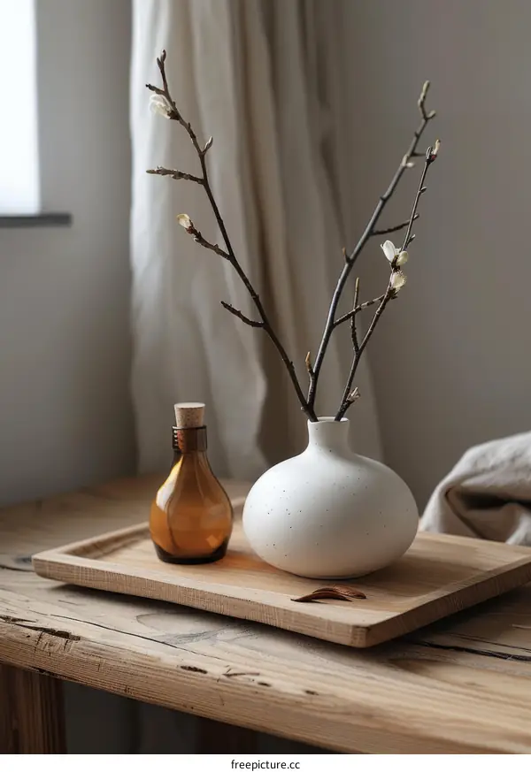 Minimalist Still Life with Vase, Bottle, and Branches