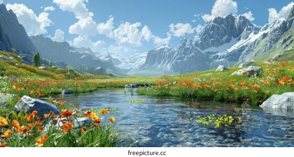 Flowing River through the Valley with Snowy Mountains in Distance