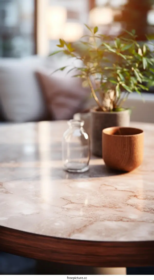 Close-up of a table with a plant, a glass bottle, and a wooden bowl