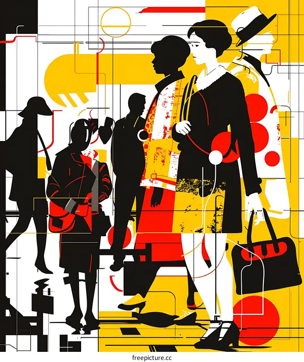 Abstract Graphic Design, Silhouette of People Walking in City, Yellow Red and Black Color Scheme