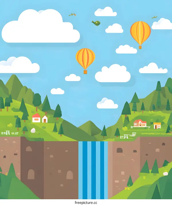 Flat Design Illustration of a Waterfall with Hot Air Balloons and Green Hills