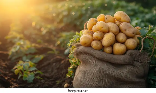 A burlap sack full of freshly harvested potatoes sits in a field at sunset.