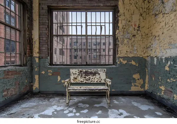 Rusty Bench in Abandoned Building with Peeling Paint