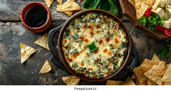 Spinach Artichoke Dip with Tortilla Chips and Salad Bowl Appetizer