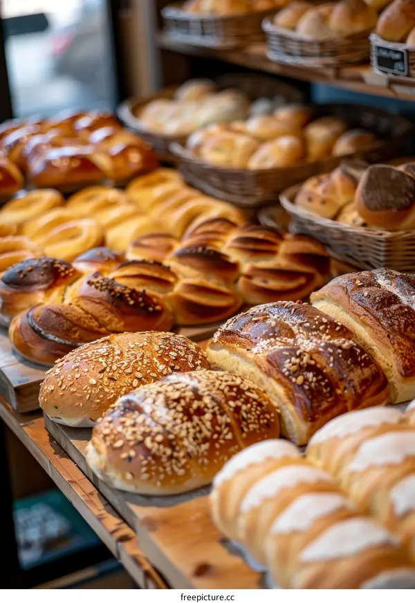 Freshly Baked Bread and Rolls on Wooden Shelves in a Bakery