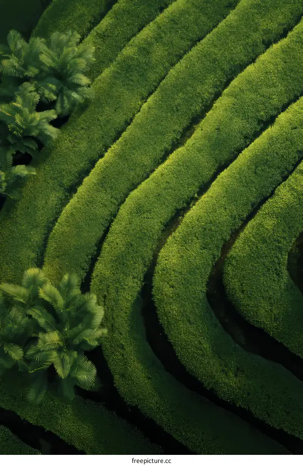 Aerial View of Lush Tea Plantation Terraces