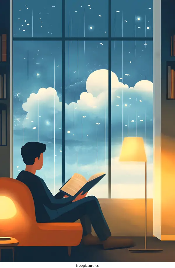 Man Reading Book By Window In Rainy Night