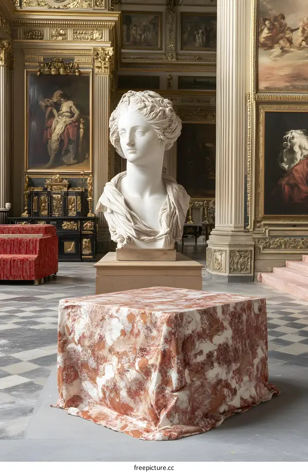Classical Sculpture in a Grand Hall with Gold Accents