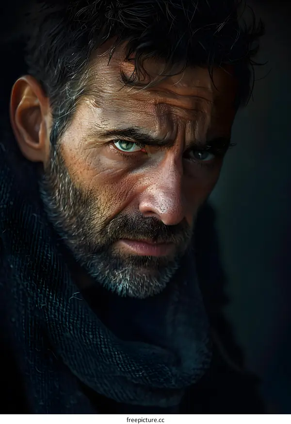 Portrait of a Man with Intense Green Eyes