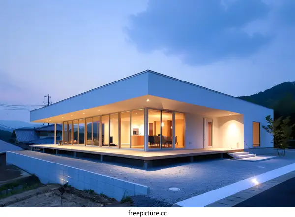 Modern White House with Large Windows and a Deck at Dusk