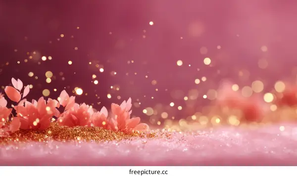 Pink and Gold Glitter Background with Decorative Flowers