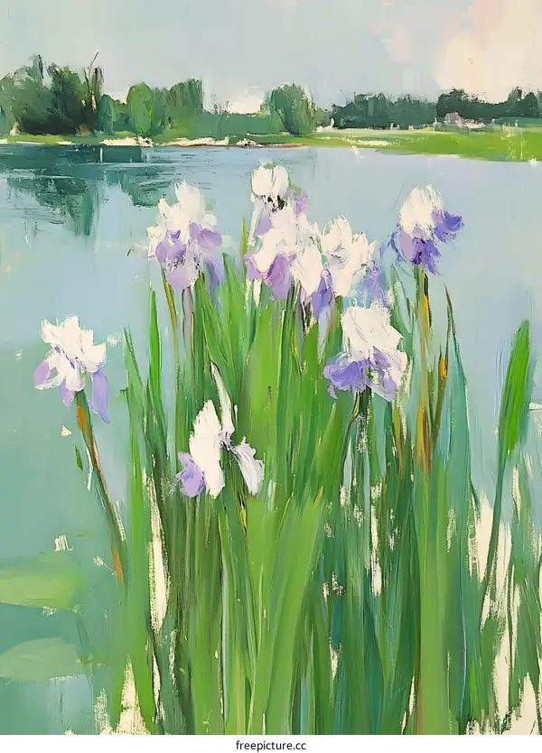Purple and White Iris Flowers by a Lake