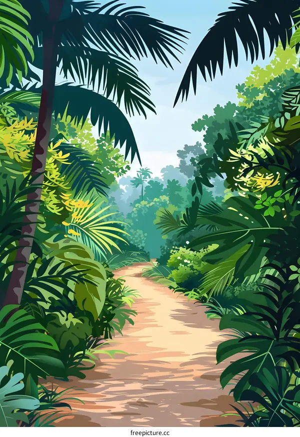 Jungle Path Illustration with Lush Greenery and Palm Trees