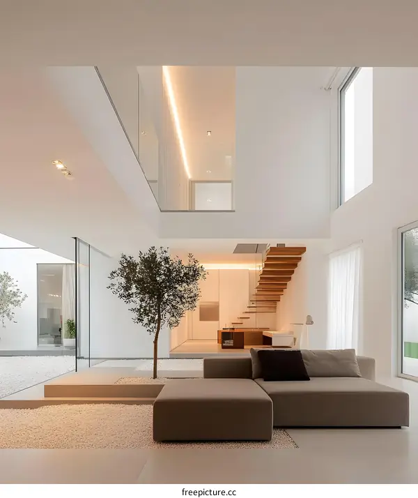 Modern Minimalist Interior Design with Wooden Staircase and Greenery