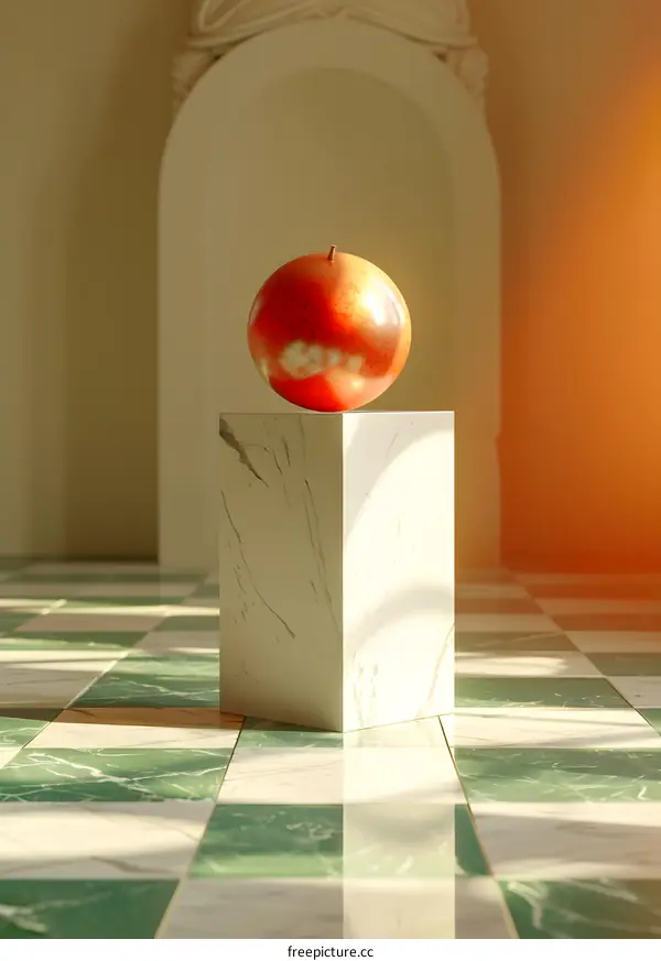 Abstract 3D Rendering of a Red Sphere on Marble Pedestal