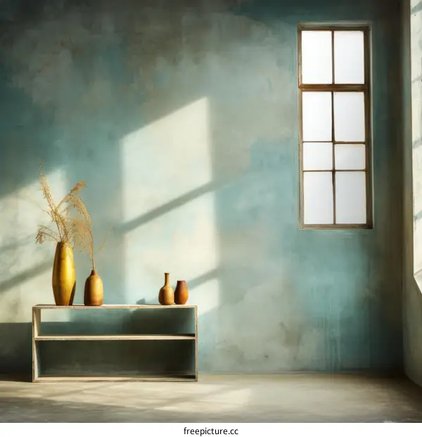 An empty room with a window and a shelf with vases on it