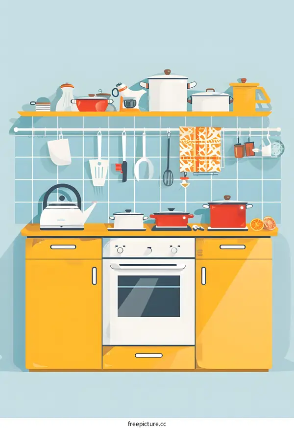 Kitchen Illustration with Pots, Pans, and Kitchenware
