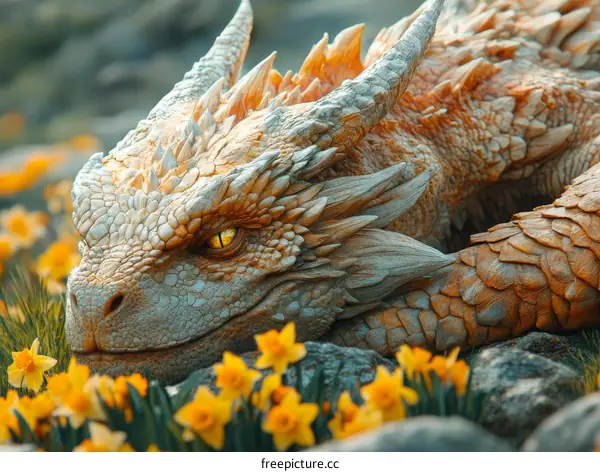 Majestic Dragon Among Spring Flowers