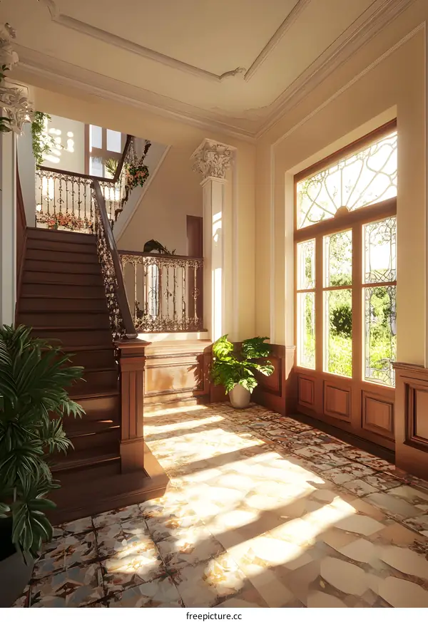Sunlight Streaming Through The Window Of A Grand Staircase