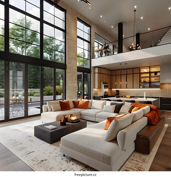 Modern Interior Design with Sectional Sofa and Large Windows