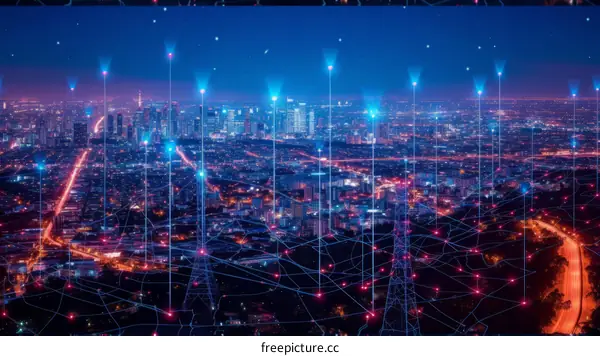 A bird's eye view of a city at night with a starry sky and glowing network connections between buildings.