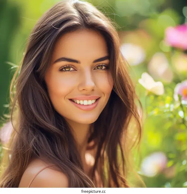 portrait of a beautiful young woman with long brown hair smiling in a garden