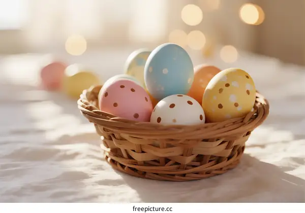Colorful Decorated Easter Eggs Arranged in Wicker Basket