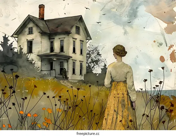 A woman standing in a field of flowers looking at an old house