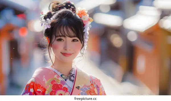 Portrait of a young woman in a kimono smiling at the camera