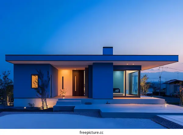 Modern Blue House with Minimalist Design and Outdoor Patio