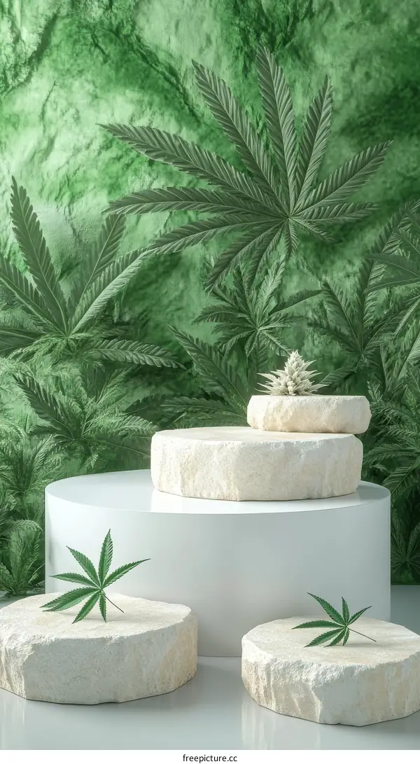 Minimalist Hemp Leaf Display with Modern Stone Pedestals