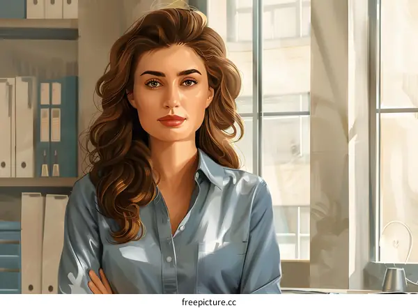 portrait of a beautiful young woman in a blue shirt standing in an office