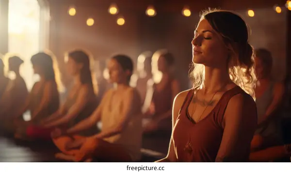 Young woman meditating in a yoga class with other people in the background