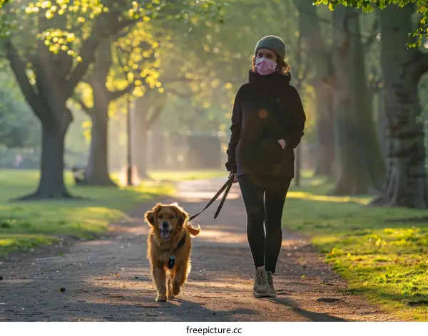A woman wearing a mask is walking her golden retriever dog in the park