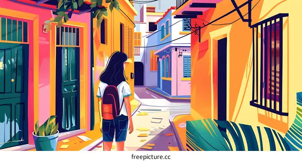 Girl with Backpack Walking Through Colorful Alley