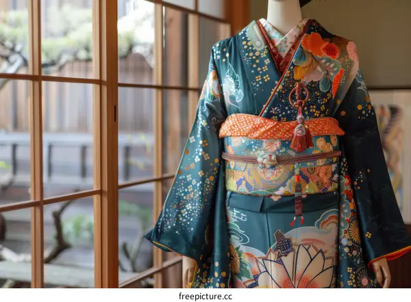 A kimono with a floral pattern and a colorful obi sash