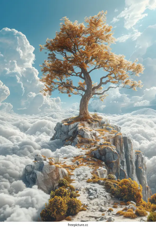 A Majestic Tree on a Cloud-Kissed Mountaintop