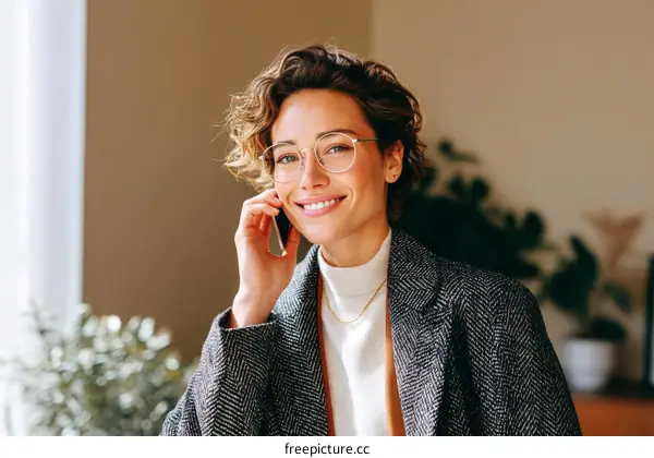 Smiling Woman on a Phone Call in a Cozy Office