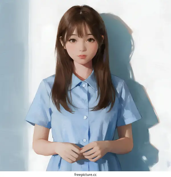 A Young Asian Girl with Long Brown Hair Wearing a Light Blue Dress