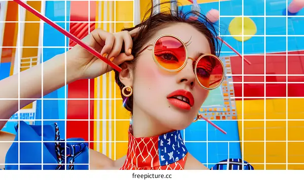 Woman Wearing Red Sunglasses and Holding a Red Pencil in a Colorful Background