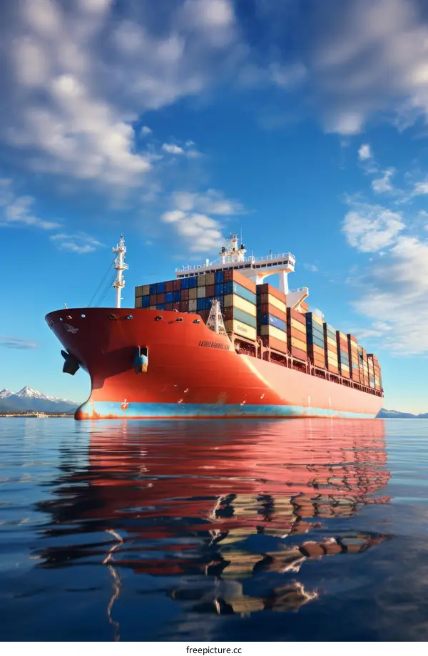 Cargo ship sails on calm ocean waters