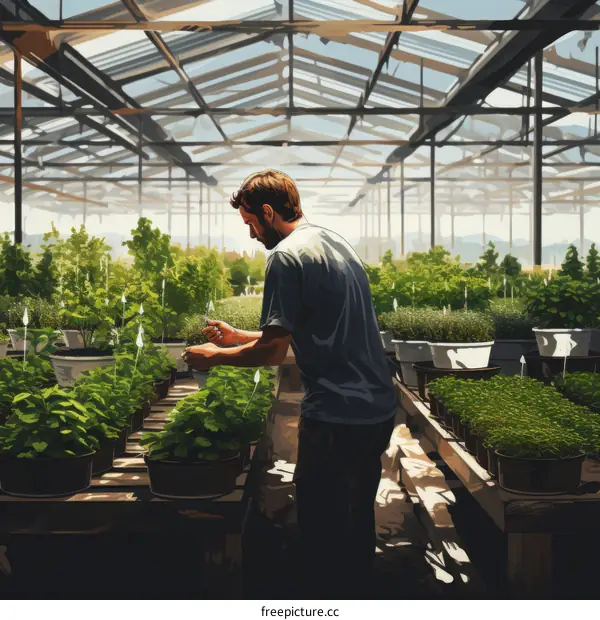 Horticulturist Tending Plants in Greenhouse