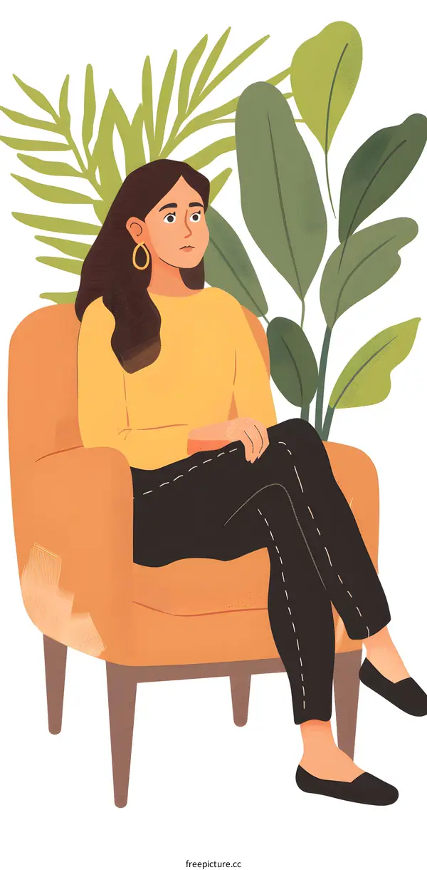 Woman in Yellow Sweater Sitting on Chair with Green Plants