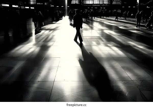 Silhouettes of People Walking in a Sunlit Hallway