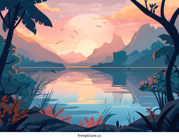 Peaceful Sunset Landscape with Calm Lake and Mountains