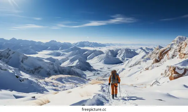 A lone hiker traverses a snowy mountain landscape