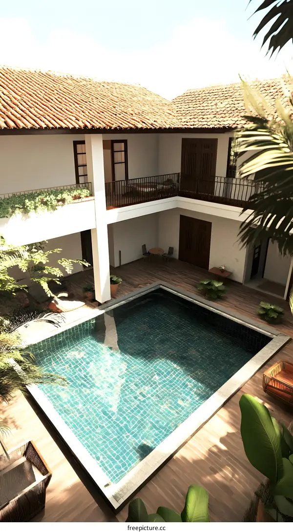 Tropical Courtyard With Swimming Pool And Balconies