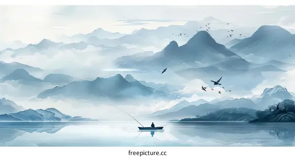 Serene Mountain Landscape with Asian Fisherman