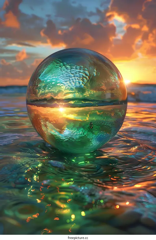 A glass ball sits on the beach with the setting sun in the background
